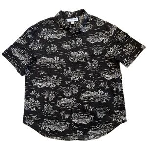 Old Navy Hawaiian Shirt Island Print Built-In Flex Black White Slim Fit XXL